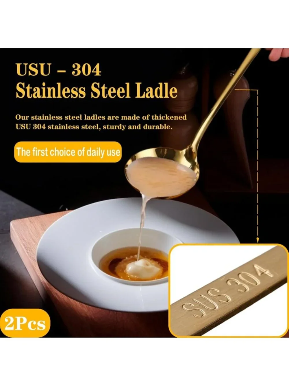 2Pcs Gold Stainless Steel Soup Ladles - Long Handle Serving Spoons for Cooking